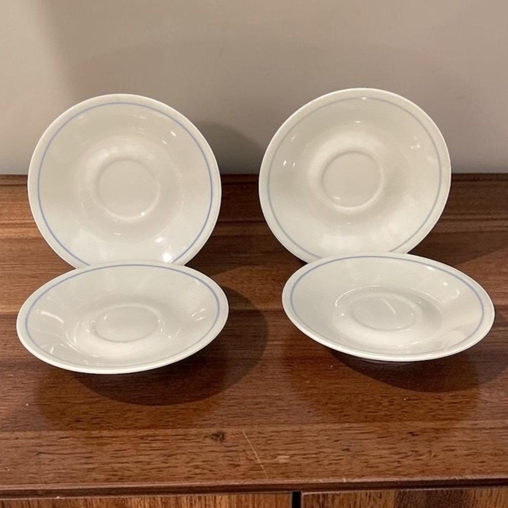 Corelle Corning Needlepoint Coffee Saucers, Set of 4, Vtg Blue Stripe Dinnerware